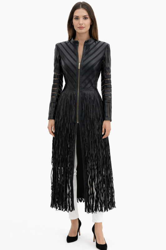 Fringed Madonna Maxi Jacket — black — BelginFrancis New York