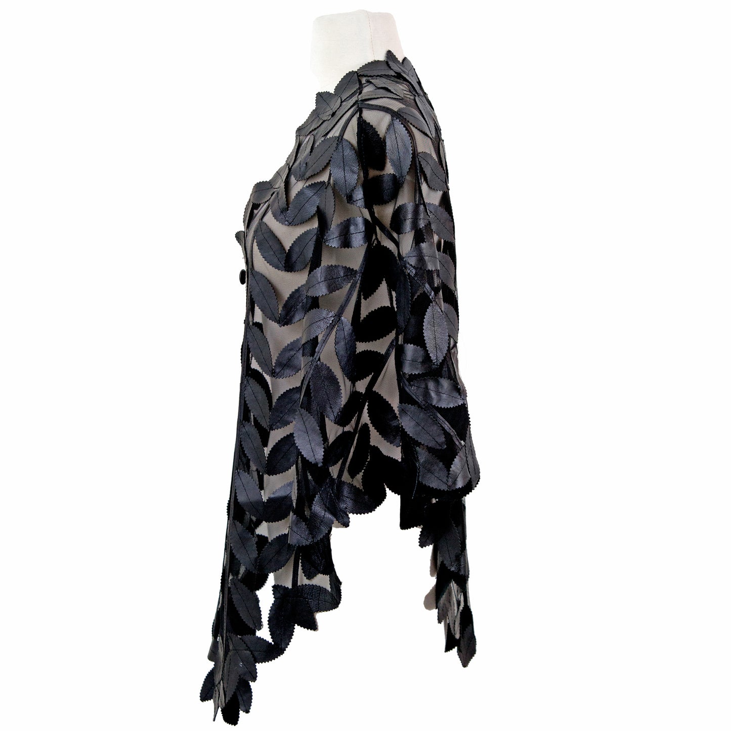 Leaf Design Leather Poncho close-up — draped silhouette — BelginFrancis