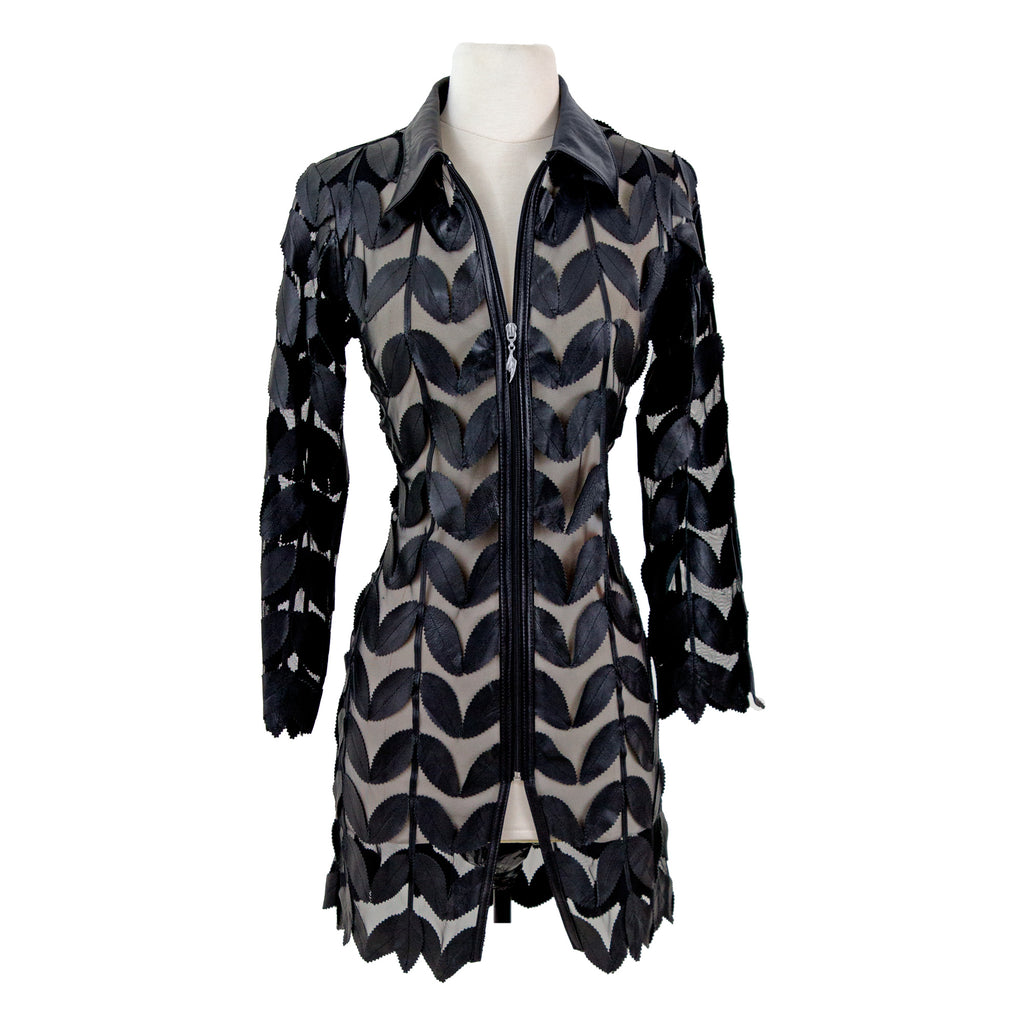 Wide Collar Leaf Pattern Leather Tunic Jacket BelginFrancis